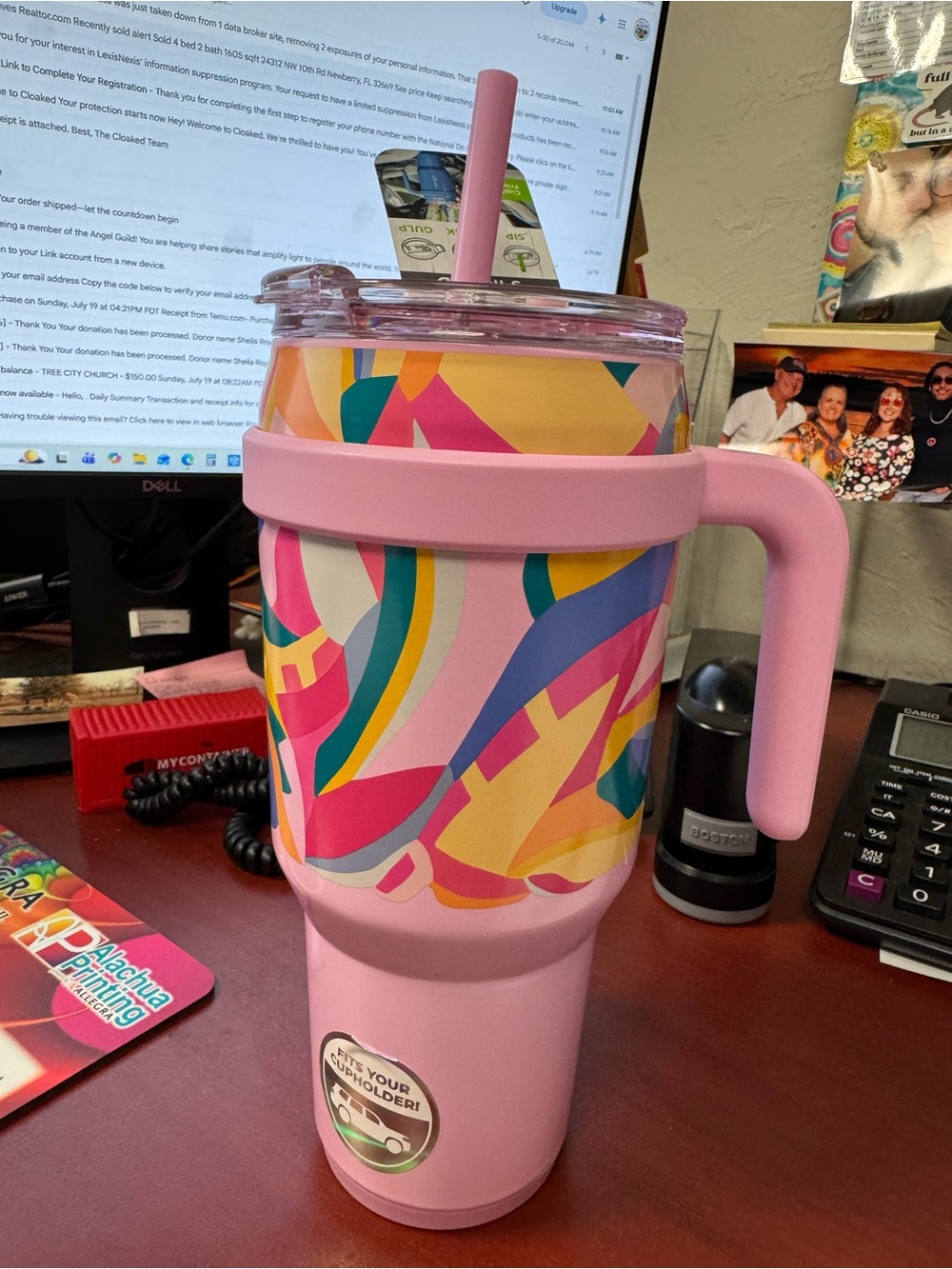 Pink Colorful Patterned Travel Tumbler with Handle 40oz
